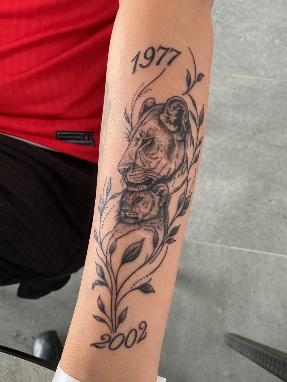 Black and grey realism tattoo of a lioness and her cub framed by leaves on the forearm
